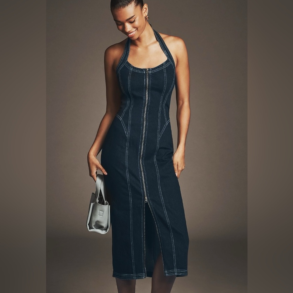 Anthropologie Pilcro Front-Zip Halter Denim Midi Dress Small NWT
